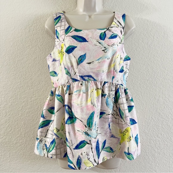 Anthropologie Leifsdottir Blouse Sleeveless Metallic Pink Green Floral Bird Sz 6 - Picture 2 of 10